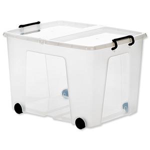 Strata Smart Box Clip-On Folding Lid Carry Handles 75 Litre Clear with Black Wheels Ref HW676CLR