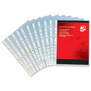 5 Star Punched Pocket Polypropylene Top-opening 50 Micron A4 Clear [Pack 100]