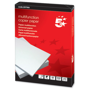 5 Star Copier Paper Multifunctional Ream-Wrapped 80gsm A3 White [500 Sheets] Ident: 9B