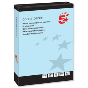 5 Star Coloured Copier Paper Multifunctional Ream-Wrapped 80gsm A4 Blue [500 Sheets] Ident: 17B