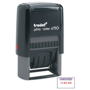 Trodat EcoPrinty 4750 Stamp Self-Inking Word and Date Stamp - Checked - 40x24mm Red and Blue Ref 54293