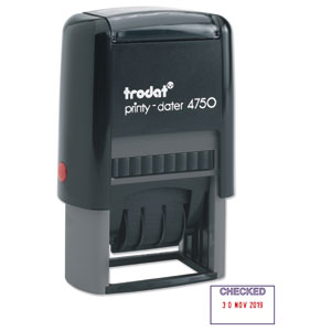 Trodat EcoPrinty 4750 Stamp Self-Inking Word and Date Stamp - Checked - 40x24mm Red and Blue Ref 54293 Ident: 345C