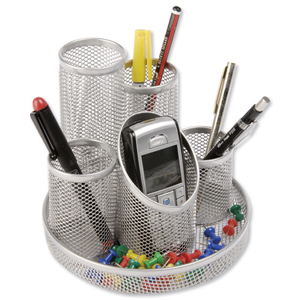Pencil Pot Mesh Scratch Resistant with Non Marking Base 5 Tube Silver Ident: 323A