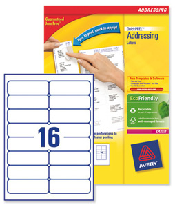 Avery Addressing Labels Laser Jam-free 16 per Sheet 99.1x33.9mm White Ref L7162-250 [4000 Labels] Ident: 133A