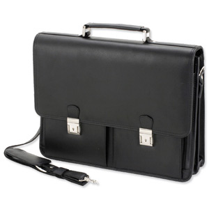 Alassio Vento Laptop Briefcase with Organiser Shoulder Strap for 15.4in Leather Black Ref 47117