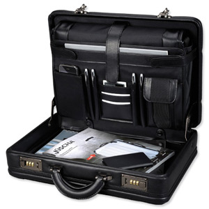 Alassio Attache Case and Removable Laptop Sleeve Leather Multi-section Expandable by 20mm Black Ref 45039