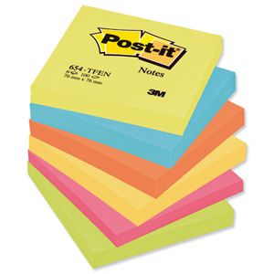 Post-it Colour Notes Pad of 100 Sheets 76x76mm Energetic Palette Rainbow Colours Ref 654TF [Pack 6] Ident: 63B