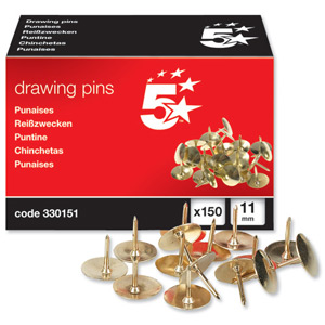 5 Star Brassed Drawing Pins of 11mm Head Diameter [Pack 150] Ident: 363A