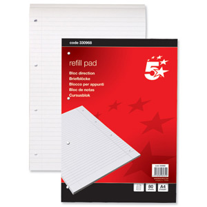 5 Star Refill Pad Feint Headbound Ruled with Margin 60gsm 4-Hole Punched 80 Sheets A4 [Pack 10] Ident: 41C