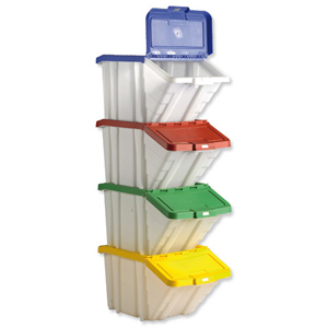 Storage Container Bin 50L 30kg Load W390xD630xH340mm White and Assorted Lids [Pack 4] Ident: 179D