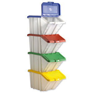 Storage Container Bin 50L 30kg Load W390xD630xH340mm White and Assorted Lids [Pack 4]