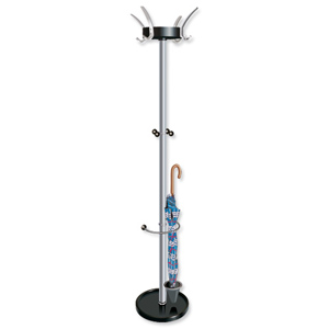 Contemporary Hat and Coat Stand Tubular Steel with Umbrella Holder 4 Hooks 6 Pegs H1750mm Ident: 488E