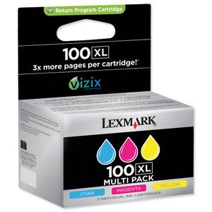Lexmark No. 100XL Inkjet Cartridge High Yield Page Life 3x600pp Cyan/Magenta/Yellow Ref 14N0850 [Pack 3] Ident: 823I