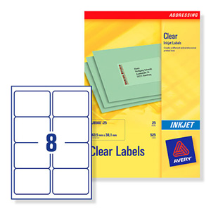 Avery Clear Addressing Labels 8 per Sheet 99.1x67.7mm Ref J8565-25 [200 Labels]