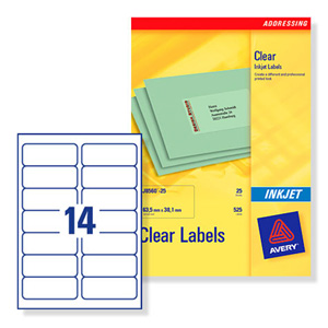 Avery Clear Addressing Labels 14 per Sheet 99.1x38.1mm Ref J8563-25 [350 Labels] Ident: 134A