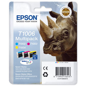 Epson T1006 Inkjet Cartridge DURABrite Ultra Rhino Cyan/Magenta/Yellow Ref C13T10064010 [Pack 3]