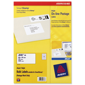 Avery Smartstamp Labels Inkjet Bulk 20 per Sheet 69x38mm Ref J5101-25 [500 Labels]