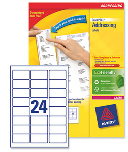 Avery Addressing Labels Laser Jam-free 24 per Sheet 63.5x33.9mm White Ref L7159-100 [2400 Labels] Ident: 133A