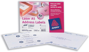 Avery Addressing Labels Laser A5 Sheet of 2 Each 99.1x38.1mm Ref L30063-20 [40 Labels]