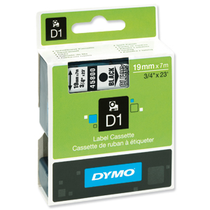 Dymo D1 Tape for Electronic Labelmakers 19mmx7m Black on Clear Ref 45800 S0720820 Ident: 724B