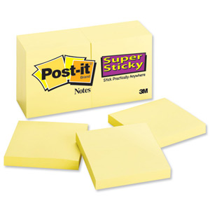 Post-it Super Sticky Removable Notes Pad 90 Sheets 76x76mm Canary Yellow Ref 654-12SSCY [Pack 12] Ident: 60F