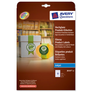 Avery Product Labels Inkjet Glossy 12 per Sheet 60mm Diameter White Circular Ref J8105-10.UK [120 labels]