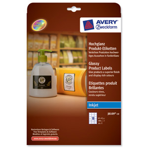 Avery Product Labels Inkjet Glossy 18 per Sheet 62x42mm White Rectangular Ref J8109-10.UK [180 labels]