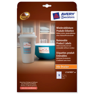 Avery Product Labels Removable 18 per Sheet 62x42mm White Rectangular Ref L7107REV-20.UK [360 labels] Ident: 569D