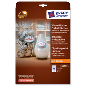 Avery Product Labels Removable 18 per Sheet 63.5x42mm White Oval Ref L7101REV-20.UK [360 labels]