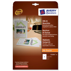 Avery Brochure Paper A4 folds to A5 White 148.5x210mm 190 gsm Ref C32291-25.UK [25 Sheets]