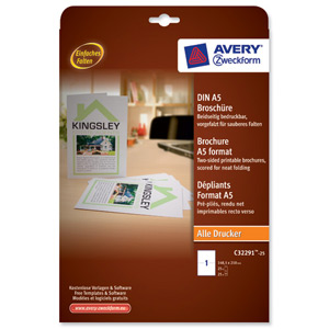 Avery Brochure Paper A4 folds to A5 White 148.5x210mm 190 gsm Ref C32291-25.UK [25 Sheets] Ident: 568B