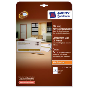Avery Compliment Slips A4 to DL 3 per sheet 210x99mm White 200gsm Ref C32295-10.UK [30 Slips]