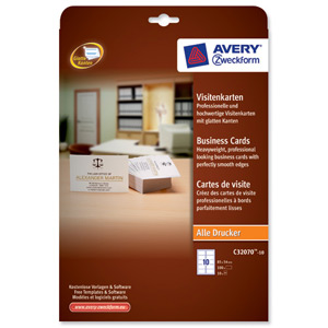 Avery Business Cards Multifunctional 260gsm 10 per Sheet 85x54mm Matt Coated Ref C32070-10.UK [100 Cards]