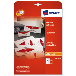 Avery Printable Business Tent Card 4 per Sheet 120x45mm White 190gsm Ref L4794-10 [40 labels]