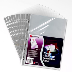 Rexel Nyrex Presentation Pocket Grey Strip Easy-update Top and Side-opening A4 Clear Ref 13682 [Pack 25] Ident: 235C