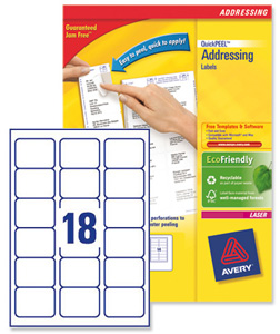Avery Addressing Labels Laser Jam-free 18 per Sheet 63.5x46.6mm White Ref L7161-40 [720 Labels] Ident: 133A