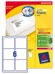 Avery Addressing Labels Laser Jam-free 6 per Sheet 99.1x93.1mm White Ref L7166-250 [1500 Labels] Ident: 135A