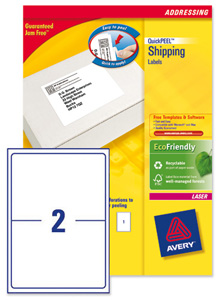 Avery Addressing Labels Laser Jam-free 2 per Sheet 199.6x143.5mm White Ref L7168-250 [500 Labels] Ident: 135A