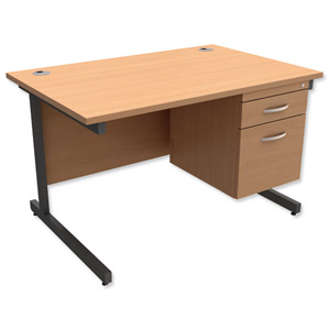 Trexus Contract Desk Rectangular with 2-Drawer Filer Pedestal Graphite Legs W1200xD800xH725mm Beech Ident: 433B