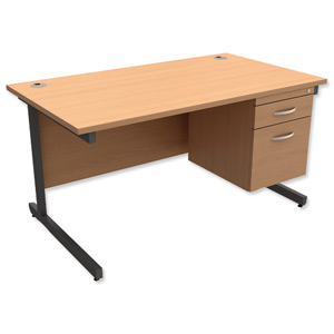 Trexus Contract Desk Rectangular with 2-Drawer Filer Pedestal Graphite Legs W1400xD800xH725mm Beech
