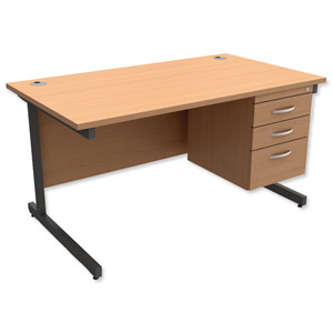 Trexus Contract Desk Rectangular with 3-Drawer Pedestal Graphite Legs W1400xD800xH725mm Beech