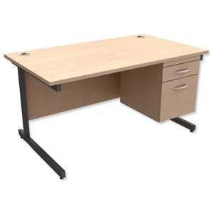 Trexus Contract Desk Rectangular with 2-Drawer Filer Pedestal Graphite Legs W1400xD800xH725mm Maple Ident: 433B