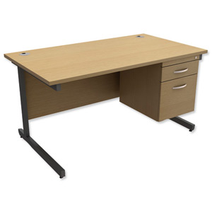 Trexus Contract Desk Rectangular with 2-Drawer Filer Pedestal Graphite Legs W1400xD800xH725mm Oak Ident: 433B