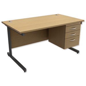 Trexus Contract Desk Rectangular with 3-Drawer Pedestal Graphite Legs W1400xD800xH725mm Oak Ident: 433B