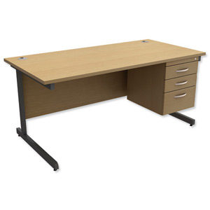 Trexus Contract Desk Rectangular with 3-Drawer Pedestal Graphite Legs W1600xD800xH725mm Oak Ident: 433B