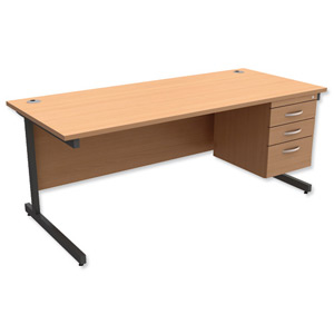 Trexus Contract Desk Rectangular with 3-Drawer Pedestal Graphite Legs W1800xD800xH725mm Beech Ident: 433B