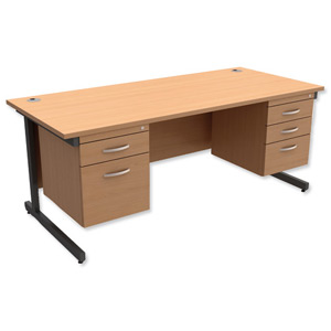 Trexus Contract Desk Rectangular with Double Pedestal Graphite Legs W1800xD800xH725mm Beech