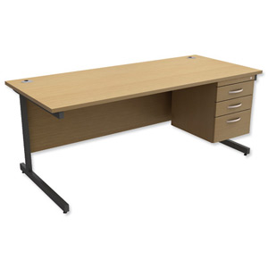 Trexus Contract Desk Rectangular with 3-Drawer Pedestal Graphite Legs W1800xD800xH725mm Oak Ident: 433B