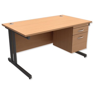 Trexus Contract Plus Cantilever Desk Rectangular 2-Drawer Pedestal Graphite Legs W1400xD800xH725mm Beech