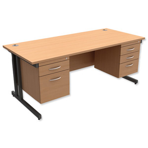 Trexus Contract Plus Cantilever Desk Rectangular Double Pedestal Graphite Legs W1800xD800xH725mm Beech Ident: 431C